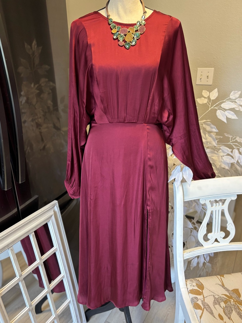 Astr Burgundy Satin Midi Dress with Long Bishop Sleeves